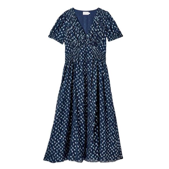 Tanya Taylor Alfonsa Short Sleeve Navy Midi Dress Size 4 NWT $695 - Picture 1 of 9
